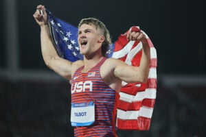 SANTIAGO, CHILE - OCTOBER 31: Ryan David Talbot of Team United States celebrates winning Bronze Medal in Men's Decathlon with 7742 points after the the 1500m event at Estadio Nacional de Chile on Day 11 of Santiago 2023 Pan Am Games on October 31, 2023 in Santiago, Chile.