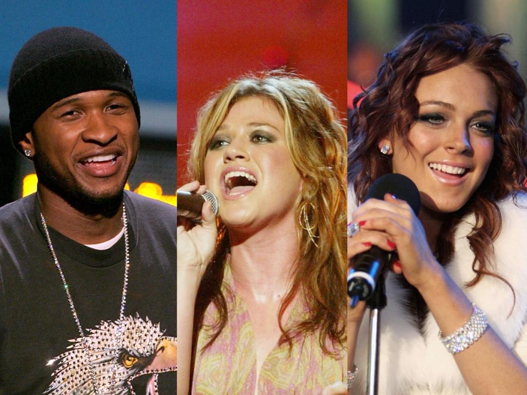 Usher presents onstage at the VH1 - Big in '04 smiling wearing a black beanie and grey eagle shirt facing right, Kelly Clarkson performs on stage at the 5th Annual "Women Rock!," Lifetime Television's fifth annual signature concert facing left singing wearing a gold dress, Lindsay Lohan attends the MTV's Iced Out New Years Eve smiling facing right holding a microphone wearing a furry white sweater.