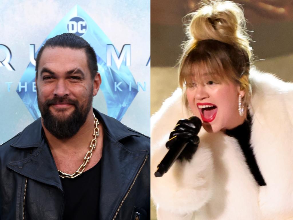 Jason Momoa attends a special event to celebrate Aquaman and the Lost Kingdom smiling facing left wearing a black leather jacket, Kelly Clarkson performs during the 2023 Rockefeller Center Christmas Tree Lighting Ceremony facing left singing holding the microphone wearing a white fut coat.