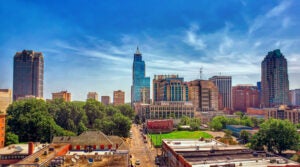 A colorful daytime cityscape of downtown Raleigh North Carolina