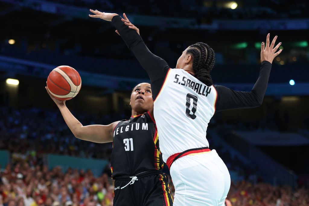 Maxuella Lisowa Mbaka #31 of Team Belgium competes during the Women’s Group Phase - Group C match between Team Germany and Team Belgium on day three of the Olympic Games Paris 2024