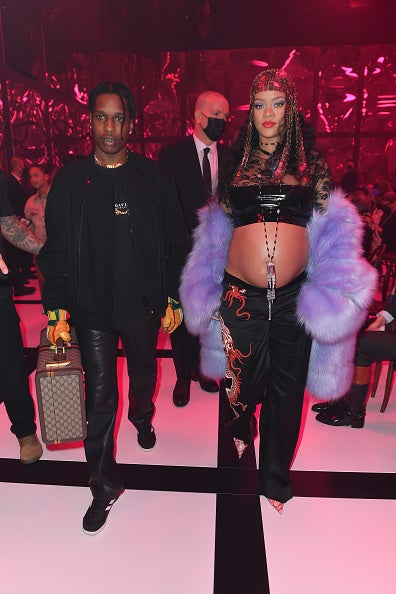 MILAN, ITALY - FEBRUARY 25: Asap Rocky and Rihanna are seen at the Gucci show during Milan Fashion Week Fall/Winter 2022/23 on February 25, 2022 in Milan, Italy.