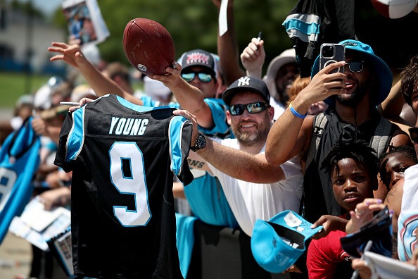 Carolina Panthers fans wait for autographs following Carolina Panthers Training Camp at Wofford College on July 26, 2023 in Spartanburg