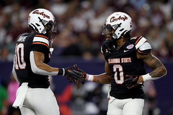 HOUSTON, TEXAS - DECEMBER 27: Ollie Gordon II #0 of the Oklahoma State Cowboys is congratulated by Rashod Owens #10 after a rushing touchdown against the Texas A&M Aggies during the TaxAct Texas Bowl at NRG Stadium on December 27, 2023 in Houston, Texas. QR codes on helmets