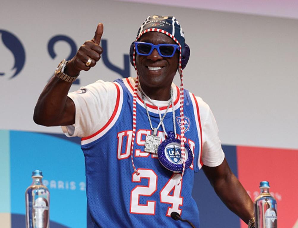 Flavor Flav speaks during a Team USA Water Polo press conference at the Main Press Centre on July 26, 2024 in Paris, France.