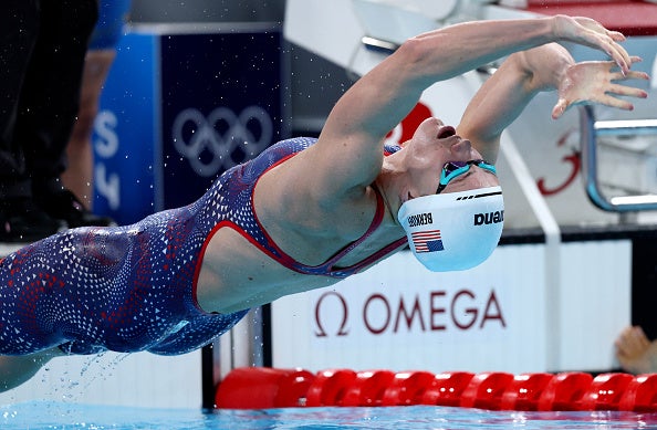 NANTERRE, FRANCE - AUGUST 03: Katharine Berkoff of Team United States competes in the Women's 4x100m Medley Relay Heats on day eight of the Olympic Games Paris 2024 at Paris La Defense Arena on August 03, 2024 in Nanterre, France. NC State University athletes in the Olympics