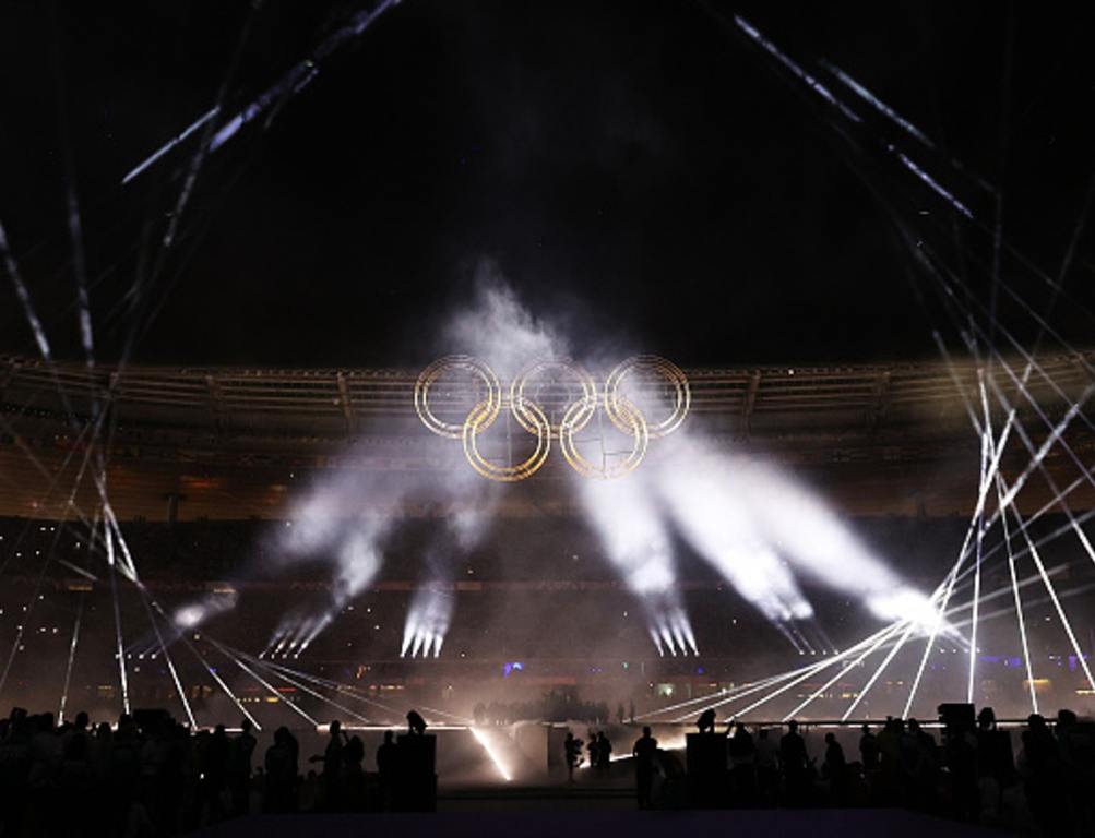 A general view of the inside of the stadium as a Pyrotechnics Display takes place after the Olympic Rings are assembled during the Closing Ceremony of the Olympic Games Paris 2024