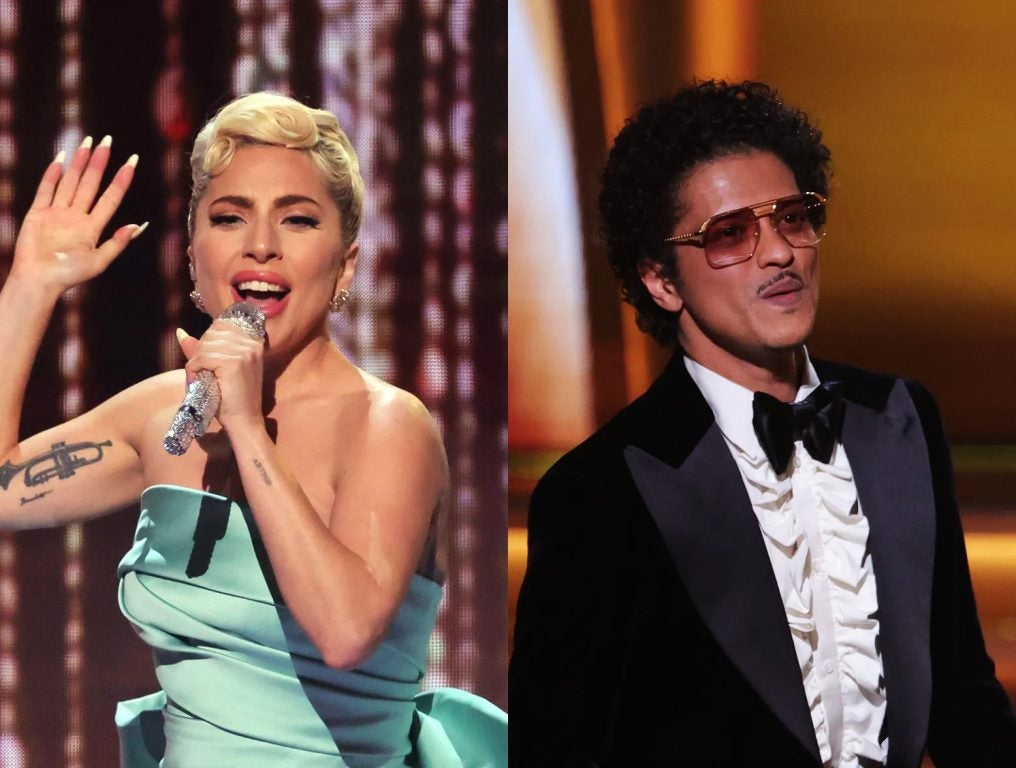 Lady Gaga performs onstage during the 64th Annual GRAMMY Awards at MGM Grand Garden Arena on April 03, 2022 in Las Vegas, Nevada; Bruno Mars accepts the Song Of The Year award for ‘Leave The Door Open’ onstage during the 64th Annual GRAMMY Awards at MGM Grand Garden Arena on April 03, 2022 in Las Vegas, Nevada.