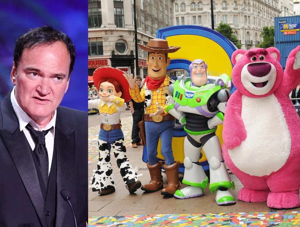 Quentin Tarantino presents The Grand Prix Award during the closing ceremony during the 76th annual Cannes film festival at Palais des Festivals on May 27, 2023 in Cannes, France; Charactures from Toy Story attend the Toy Story 3 UK film premiere at the Empire Leicester Square on July 18, 2010 in London, England.