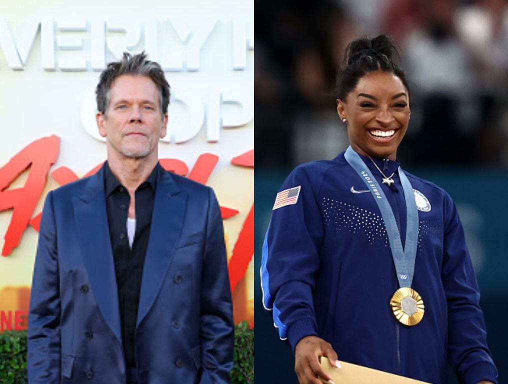 (Left) Kevin Bacon attends the Los Angeles Premiere Of Netflix's "Beverly Hills Cop: Axel F" (Right) Gold medalist Simone Biles of Team United States reacts during the Artistic Gymnastics Women's All-Around Final medal ceremony