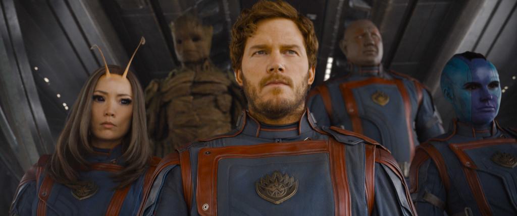 The Guardians of the Galaxy in their blue and red uniforms from Guardians of the Galaxy Vol. 3