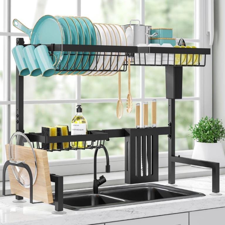 declutter your kitchen with a black over the sink dish drying rack to dry your dishes and other kitchen utensils