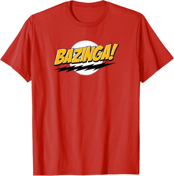 The Big Bang Theory Bazinga catchphrase printed across a red shirt