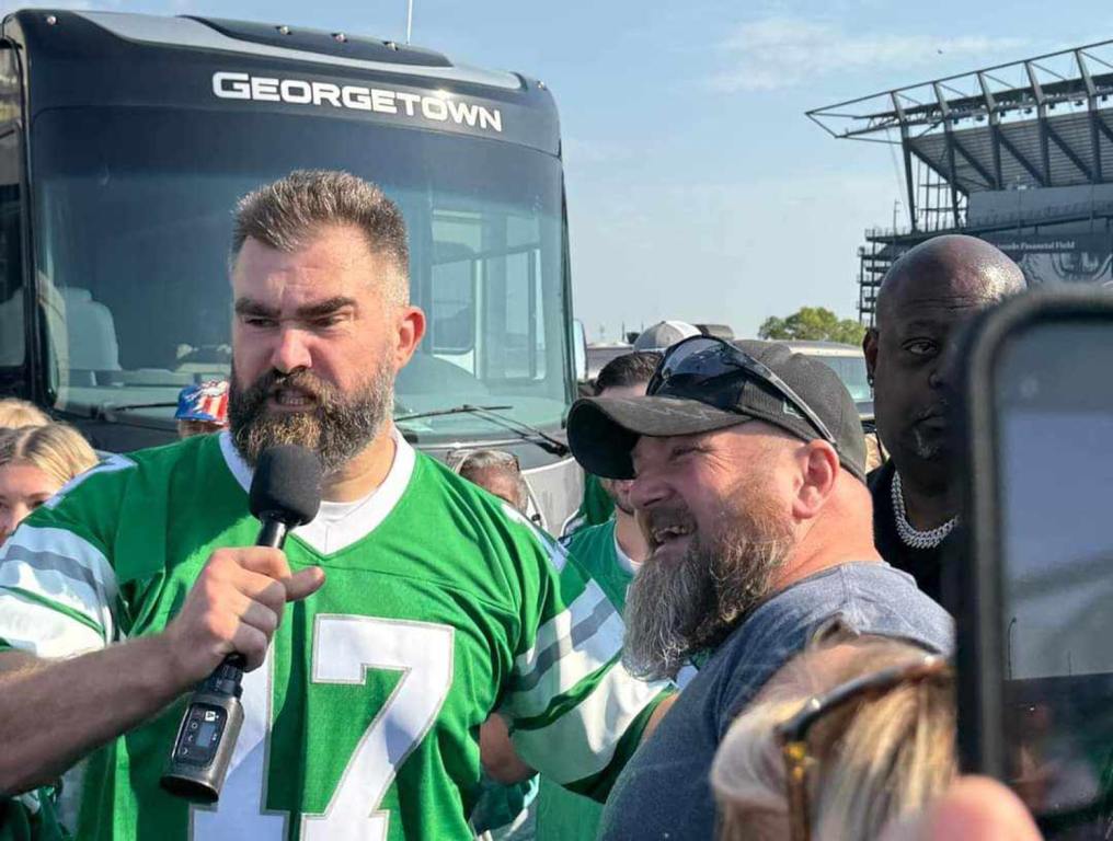 Jason Kelce and fan during a tailgate before the Philadelphia Eagles faced off against the Cleveland Browns at Lincoln Financial Field on Sunday, Oct. 13