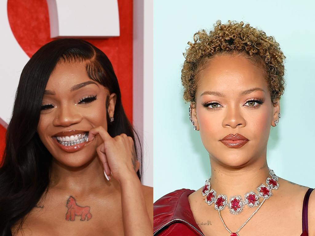 GloRilla attends the 2024 CMT Music Awards smiling holding her grills with her pinky looking right, Rihanna attends the Rihanna x Fenty Hair Los Angeles Launch Party wearing her short natural blonde hair wearing a red necklace and red leather jacket, GloRilla Shares DM From Rihanna Asking About Album Release.