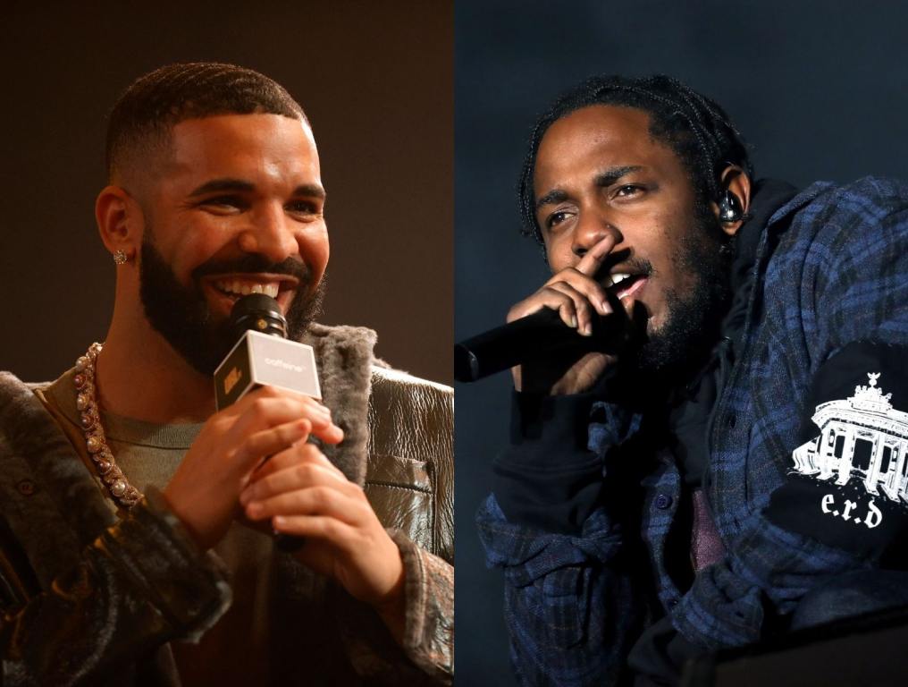 (Left) Drake speaks onstage during Drake's Till Death Do Us Part rap battle on October 30, 2021 in Long Beach, California. (Photo by Amy Sussman/Getty Images) (Right) Recording artist Kendrick Lamar performs on the Samsung Stage during day two at Austin City Limits Music Festival 2016 at Zilker Park on October 1, 2016 in Austin, Texas. (Photo by Rick Kern/Getty Images for Samsung)