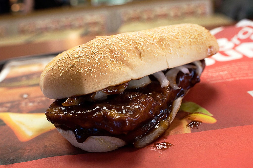 McRib is seen at a McDonald's restaurant on November 3, 2010 in San Francisco, California. The sandwich arrived on the menu for the first time since 1994 and is offered at all McDonald's nationwide for a limited time until December 5