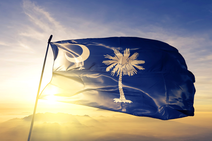 South Carolina state of United States flag on flagpole textile cloth fabric waving on the top sunrise mist fog