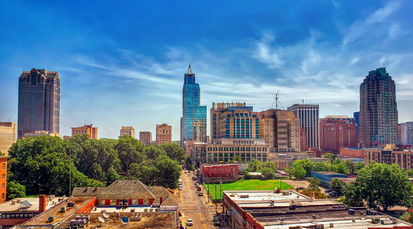 A colorful daytime cityscape of downtown Raleigh North Carolina